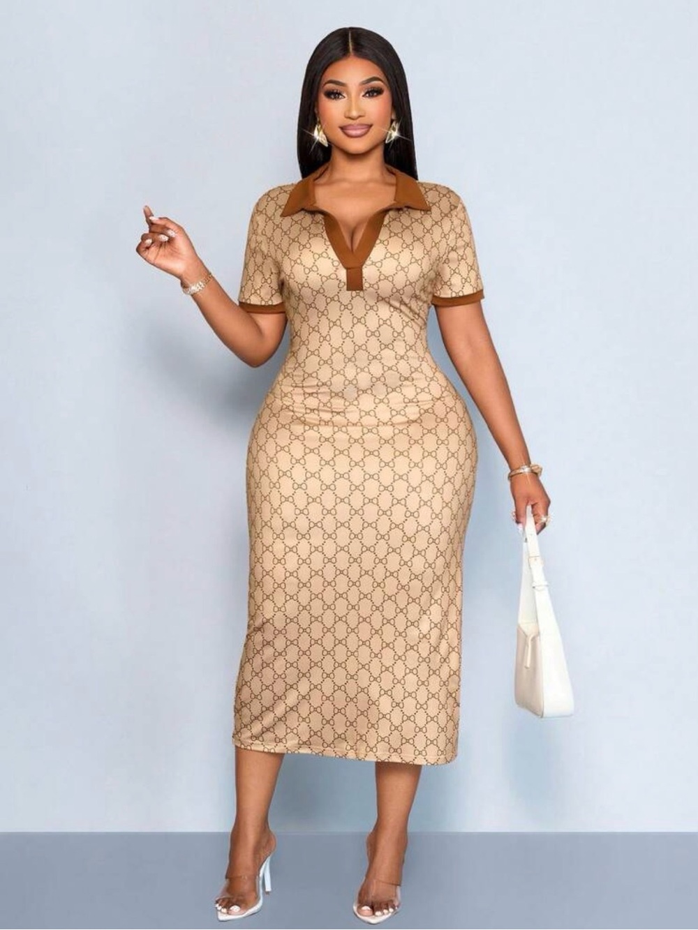 New Arrivals! Plus Size Beige Polo-Style Midi Dress with Contrast Trim